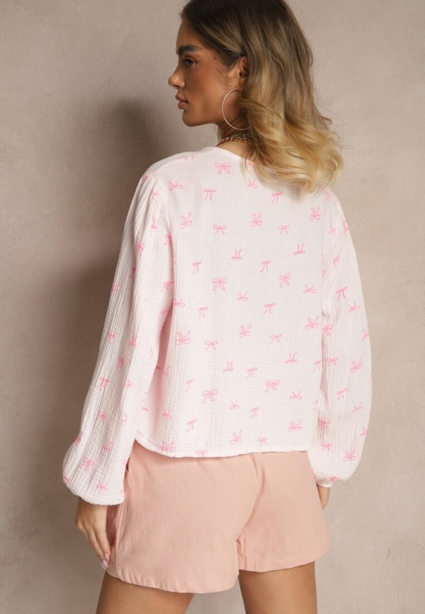 Różowa Bawełniana Bluzka Koszulowa z Długim Rękawem Wiązana z Przodu Liosame