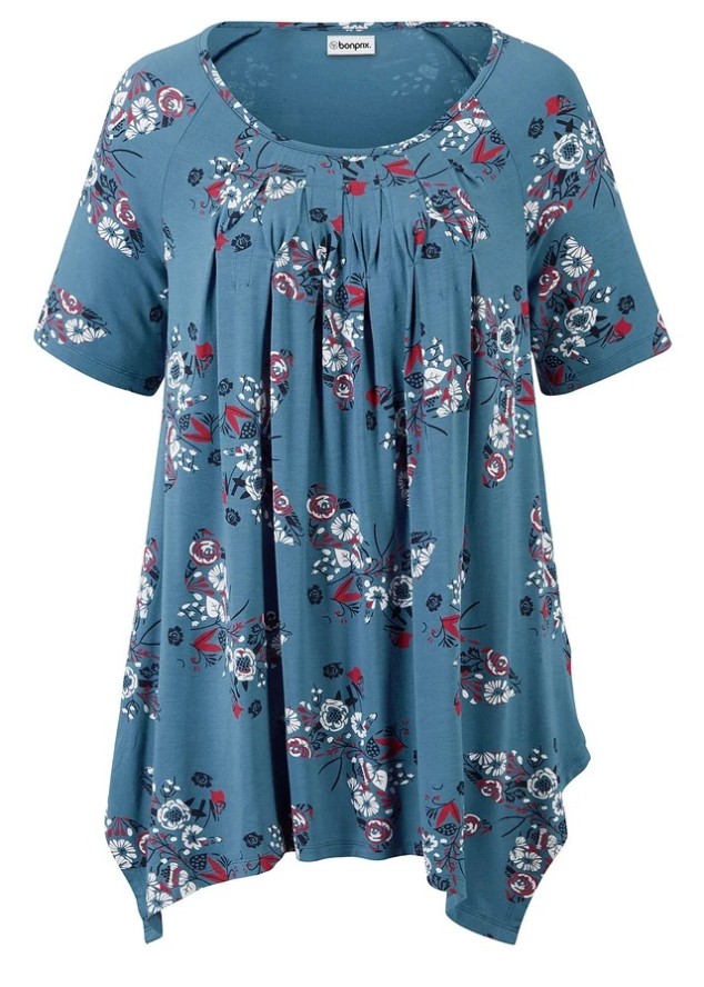 Długi shirt z dłuższymi bokami, krótki rękaw