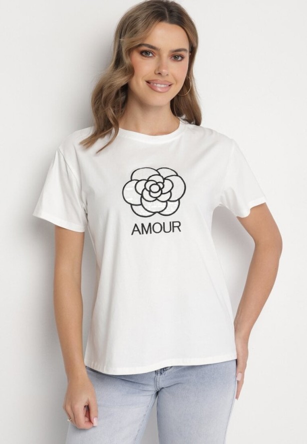 Biała Bluzka z Bawełny z Cekinami i Napisem Malenala