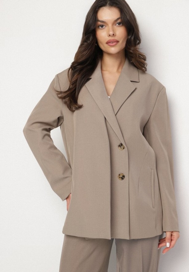 Beżowa Dwurzędowa Marynarka z Usztywnioną Linią Ramion Sonarilla