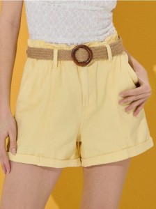 Szorty jeansowe paperbag z paskiem - żółty