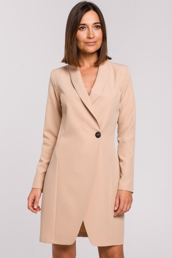 Elegancka sukienka marynarka biznesowa z kołnierzem do pracy beżowa