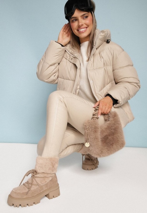 Ciemnobeżowe Botki Traperki na Grubej Podeszwie z Protektorem i Ozdobnym Wiązaniem Zarolia