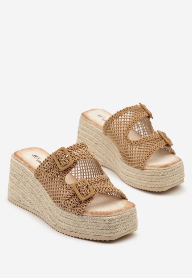 Brązowe Szydełkowe Klapki z Klamrami na Plecionym Koturnie Idaleia