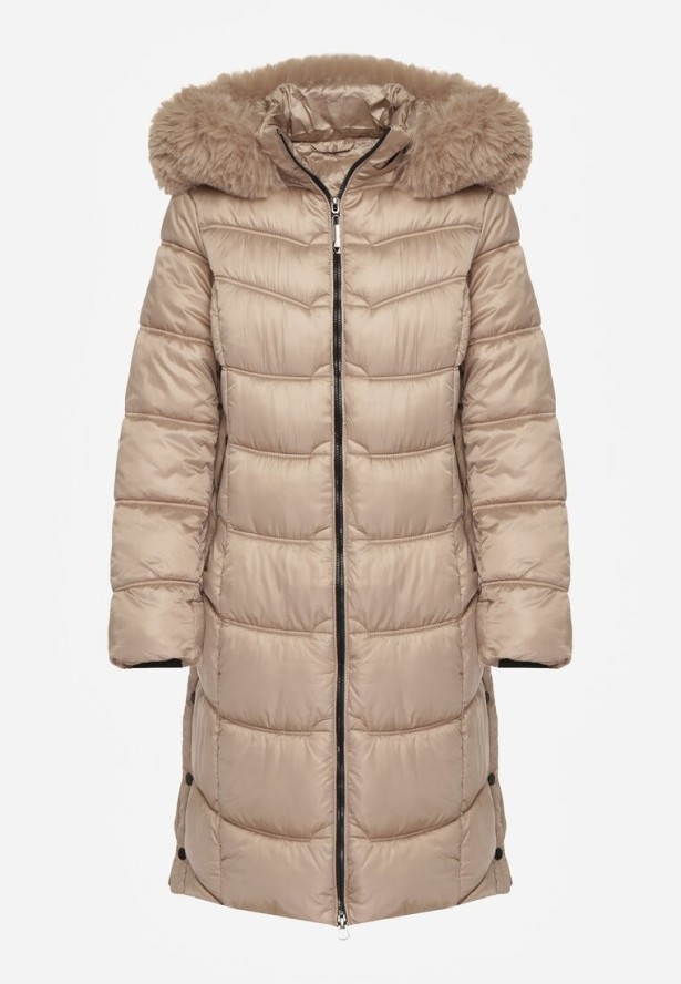 Beżowa Pikowana Kurtka Płaszcz za Kolano z Kapturem i Futerkiem Naelora