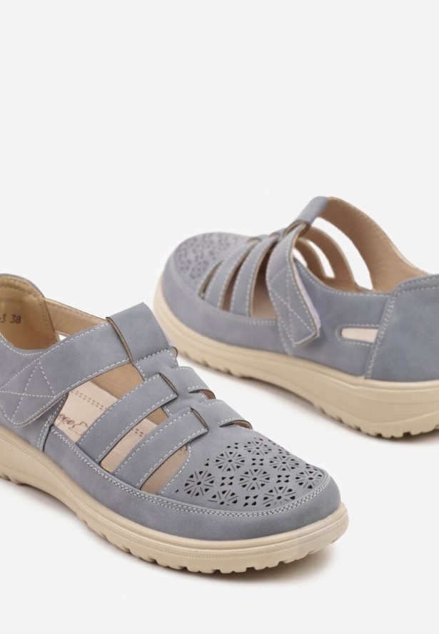 Niebieskie Sandały Ażurowe z Rzepem i Skórzaną Wkładką Telestra