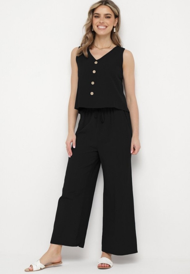 Czarny Komplet Bawełniany Koszulka bez Rękawów z Guzikami Spodnie z Gumką w Pasie Juliancella