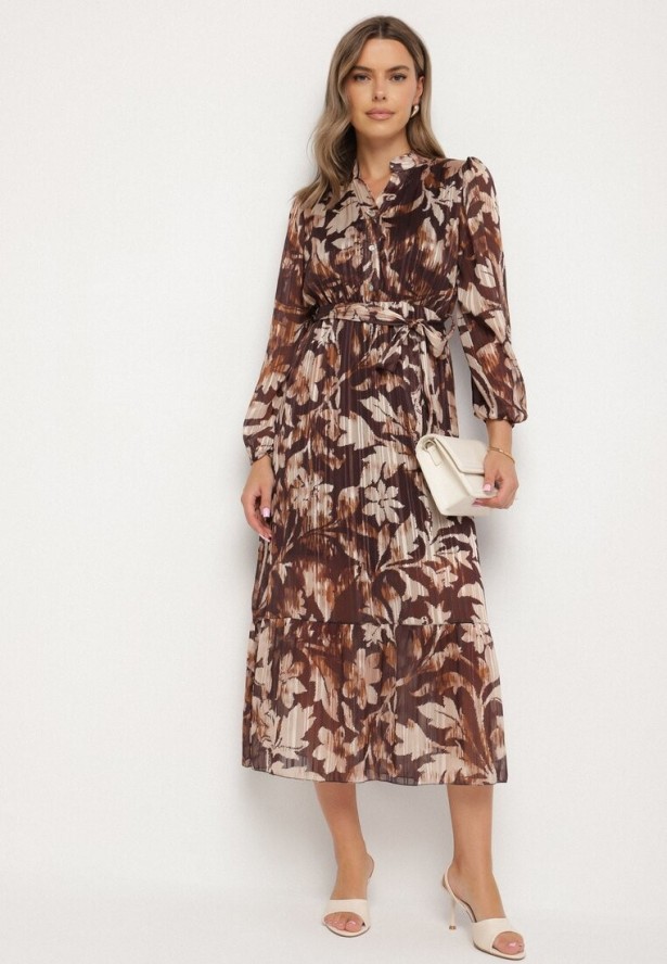 Beżowa Rozkloszowana Sukienka z Wiązanym Paskiem i Metaliczną Nicią Nalirina