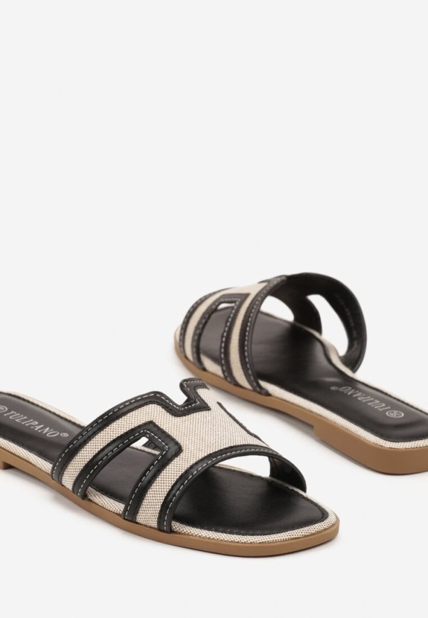 Czarno-Beżowe Klasyczne Klapki na Płaskiej Podeszwie Idorelle