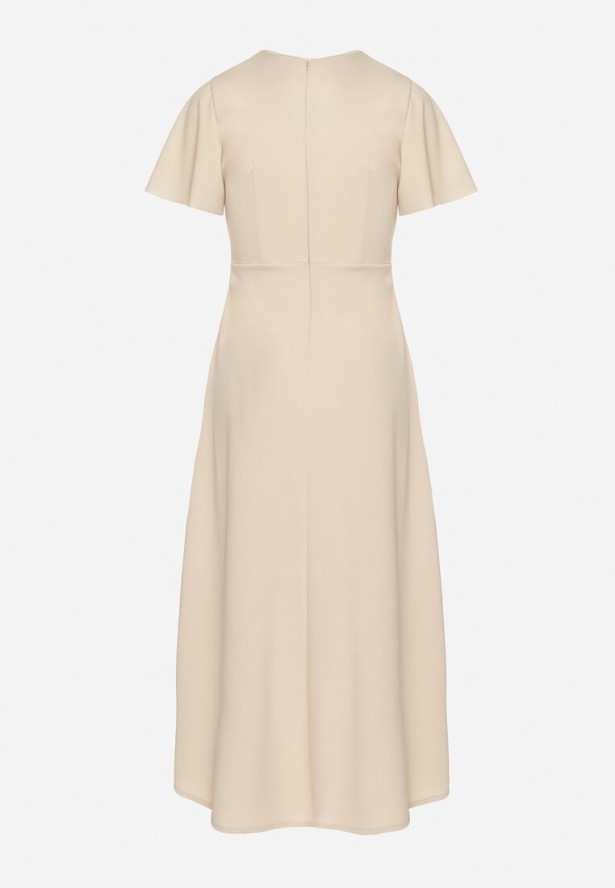 Beżowa Rozkloszowana Sukienka Ozdobiona Marszczeniem Odallica