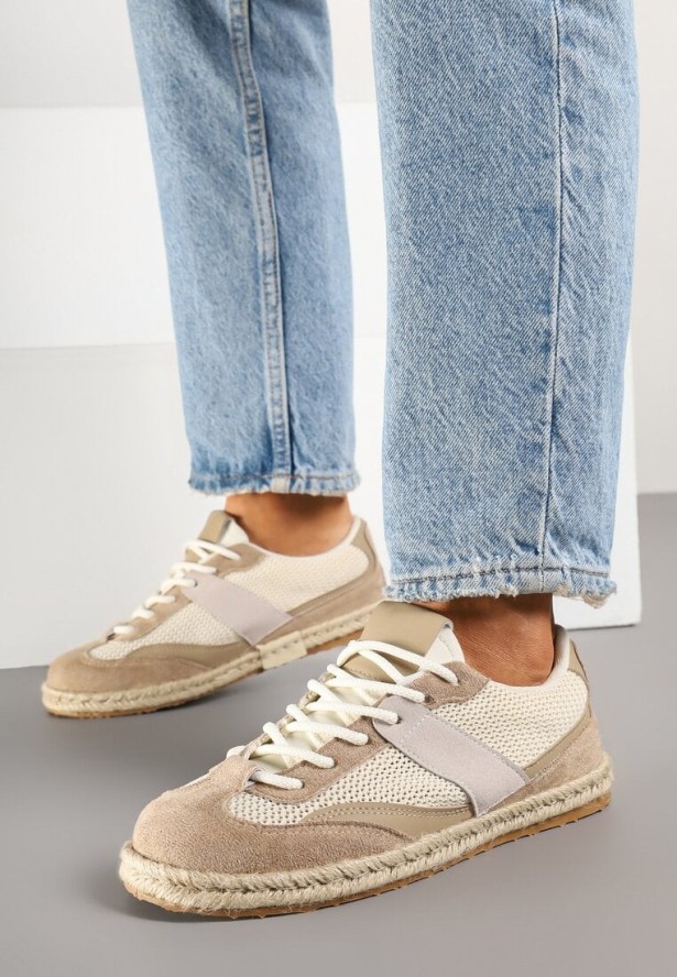 Ciemnobeżowe Sneakersy Typu Kultowe Tenisówki Zdobione Przeszyciami Grelloti