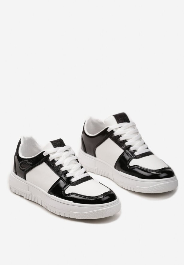Biało-Czarne Sneakersy na Niskiej Platformie z Brokatem Nuera