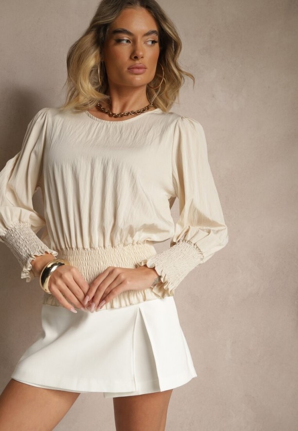 Jasnobeżowa Bluzka z Wiskozą Ozdobiona Ściągaczami Tosara