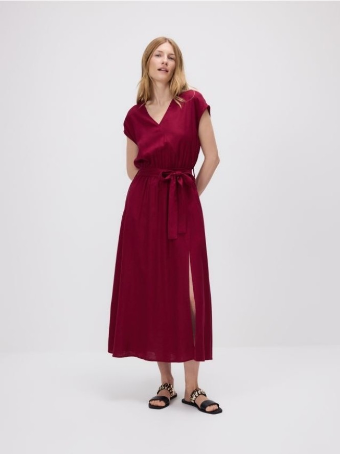 Sukienka midi z dodatkiem lnu - bordowy