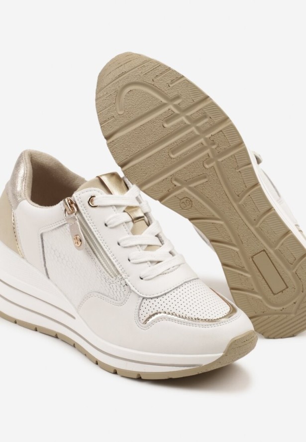 Białe Skórzane Sneakersy na Koturnie z Metalicznymi Zdobieniami i Suwakiem Jorivis