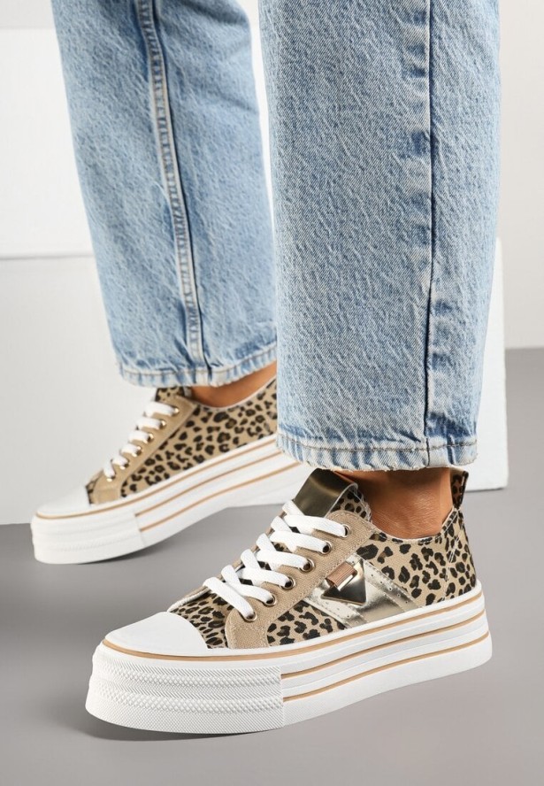 Panterkowe Trampki na Grubej Podeszwie z Metaliczną Wstawką Telarella