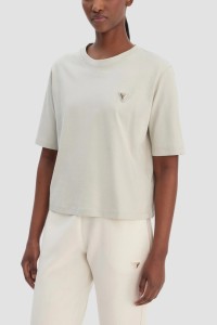 GUESS Zielony bawełniany t-shirt damski na krótki rękaw Colette Boxy, Rozmiar L
