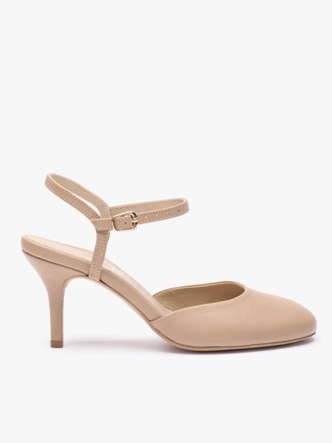 Beżowe czółenka slingback bez pięty ze skóry licowej
