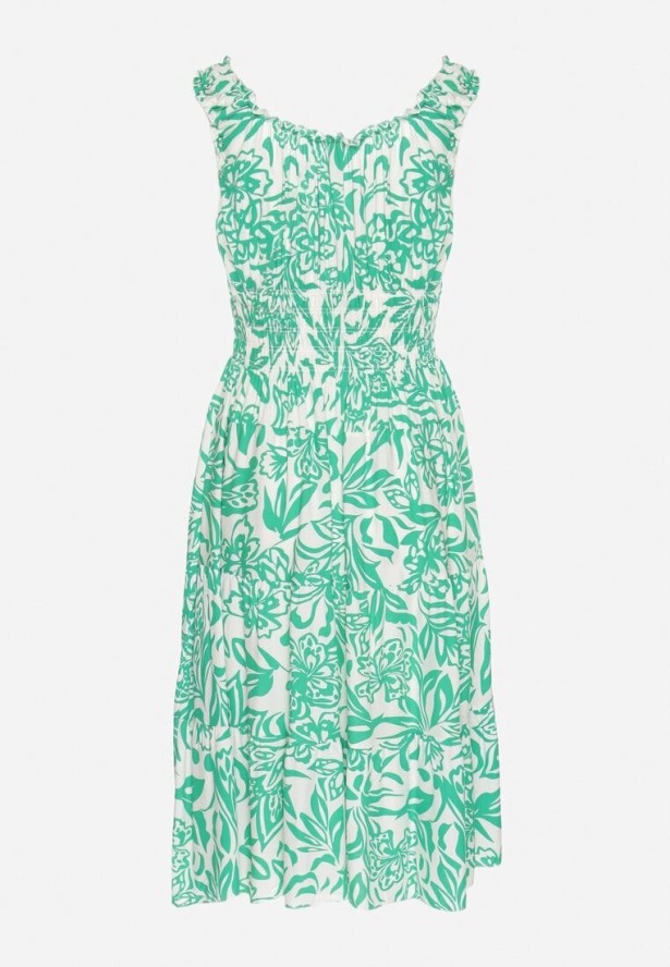 Zielona Bawełniana Sukienka Rozkloszowana Ozdobiona Guzikami Lisavena