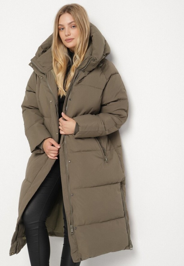 Ciemnozielona Pikowana Kurtka Zimowa z Kapturem i Bocznymi Suwakami Falossea