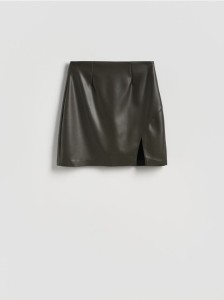 Spódnica mini z imitacji skóry - oliwkowy