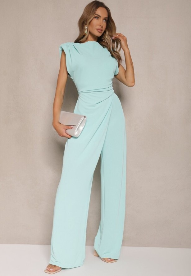 Jasnozielony Kombinezon Bez Rękawów z Szeroką Nogawką i Marszczeniem Sepellia