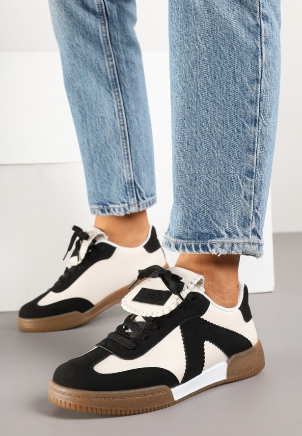 Czarno-Beżowe Sneakersy w Stylu Tenisówek z Szerokim Językiem Alarila