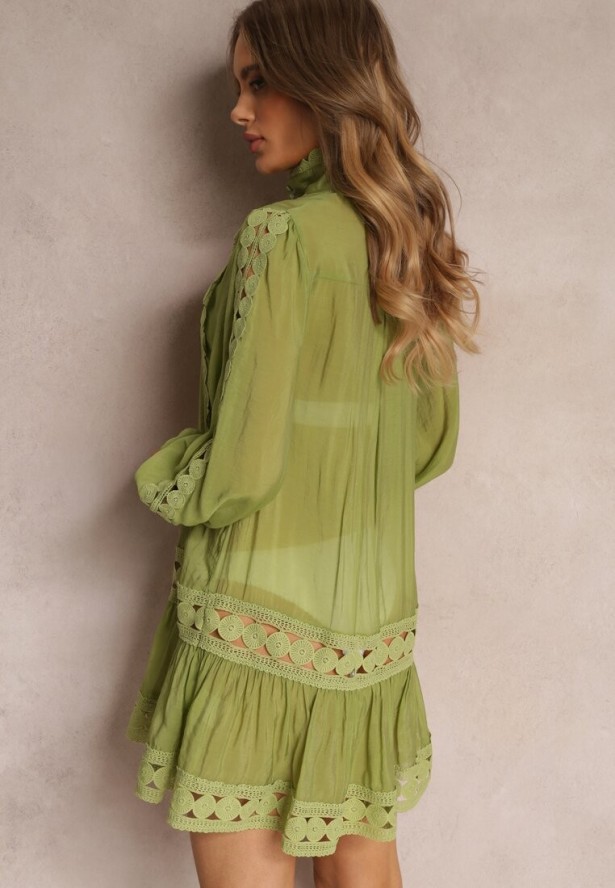 Zielona Koronkowa Tunika Pudełkowa z Falbaną Nawal