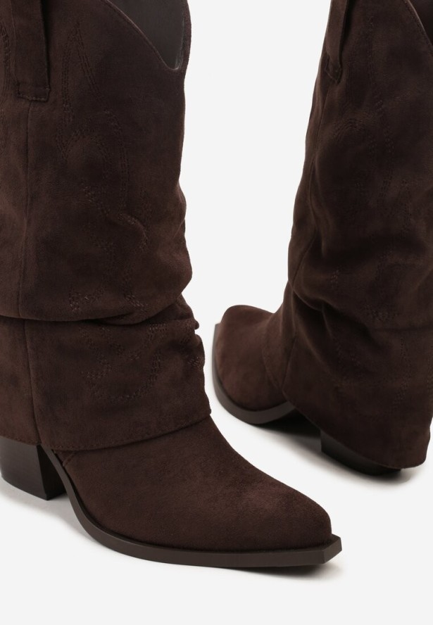 Ciemnobrązowe Botki Kowbojki z Cholewką Imitującą Nogawkę Zellaxie