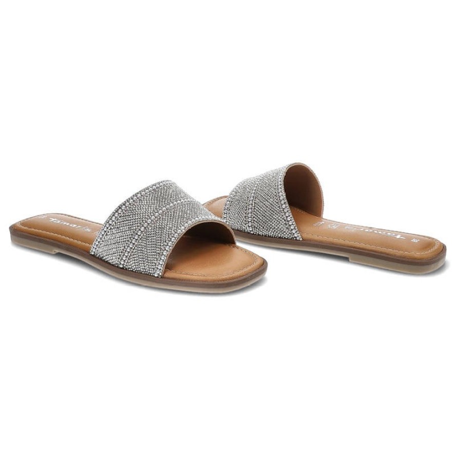 Klapki damskie Tamaris, ze skóry naturalnejprofilowanej wkładce i płaskim obcasie, białe glam, 1-27127-28-172