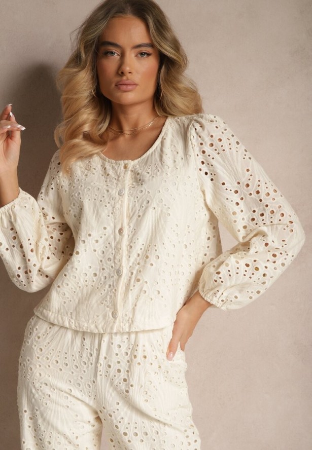 Beżowa Bawełniana Koszula Ozdobiona Haftem Fonliria