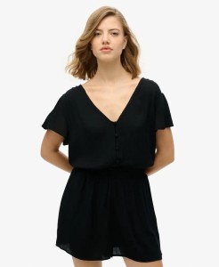 superdry Krótki kombinezon z nadrukiem, 100% wiskoza, czarny – Black
