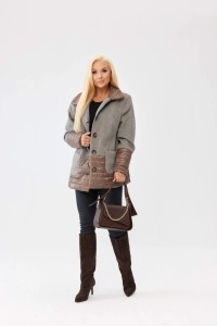 Elegancka beżowa damska kurtka Viktoria w jodełkę z pikowanymi wstawkami - lekko ocieplona PLUS SIZE XXL OVERSIZE JESIEŃ