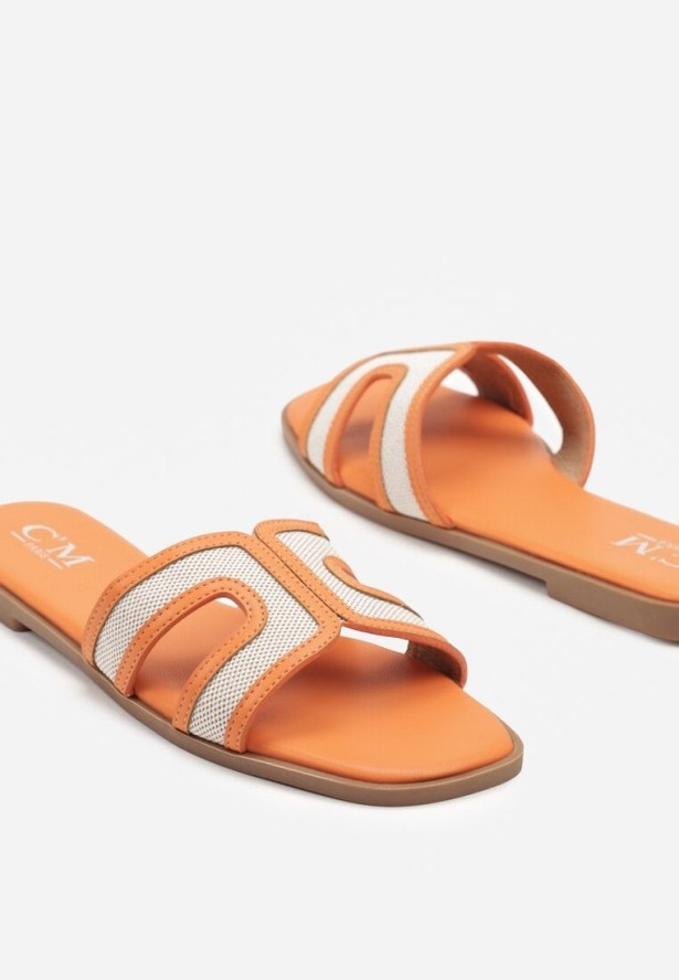 Pomarańczowe Klapki Zdobione Tweedem i Wycięciami Forria