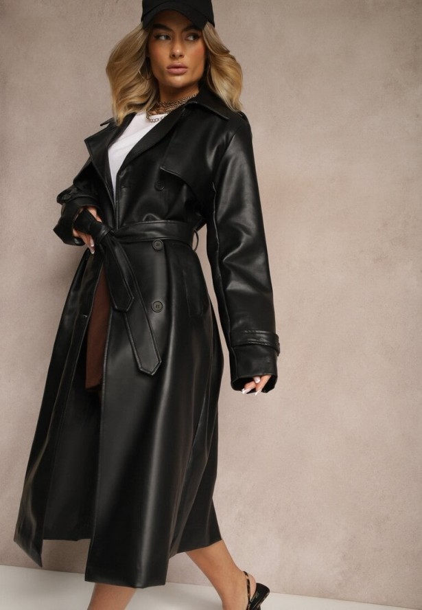 Czarny Płaszcz Trencz z Ekoskóry Wiązany w Pasie Ozdobiony Paskami Valentisha