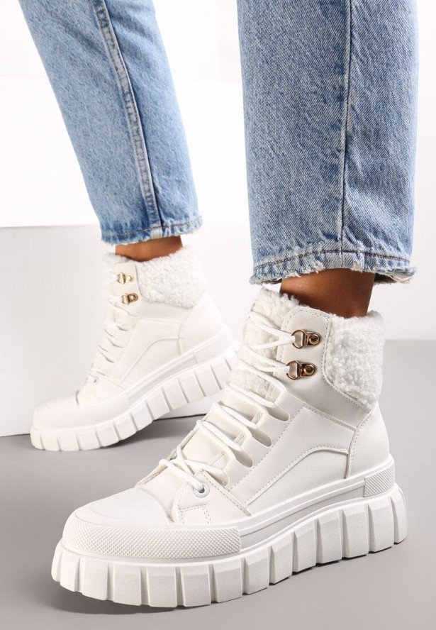 Białe Botki na Platformie z Futerkiem Dorcva
