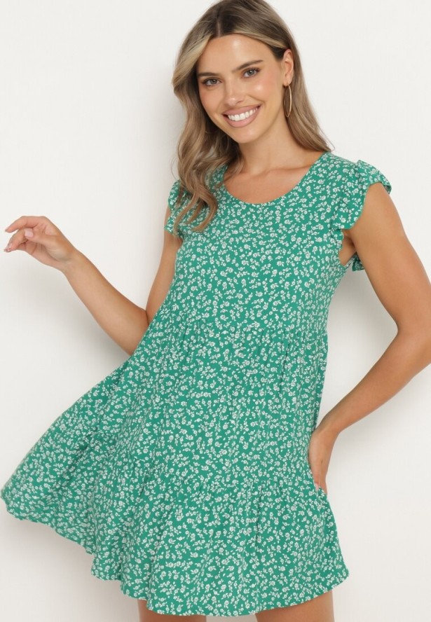 Zielona Bawełniana Sukienka o Rozkloszowanym Kroju z Falbanką Anettes
