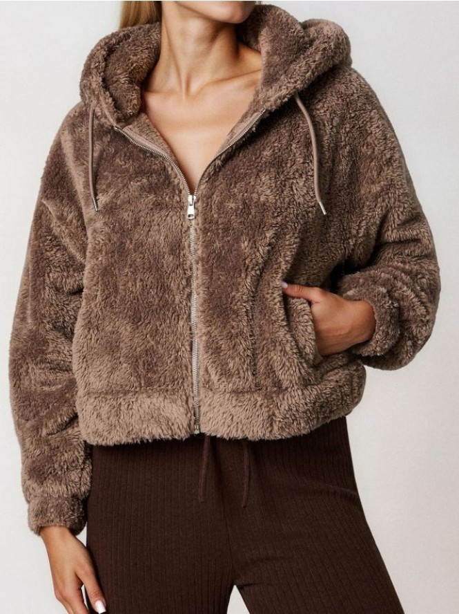 Kurtka rozpinana ze sztucznego futerka - brązowy
