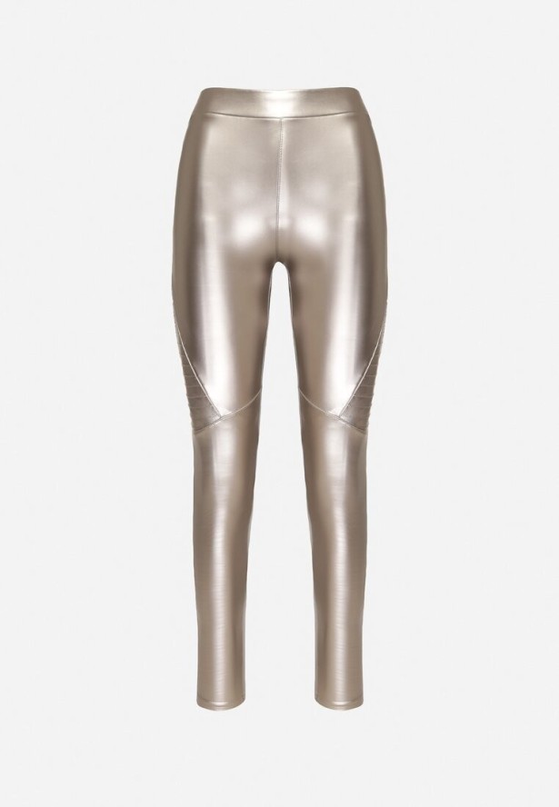 Srebrne Ocieplane Spodnie z Imitacji Skóry o Dopasowanym Kroju z Wysokim Stanem Rivaki