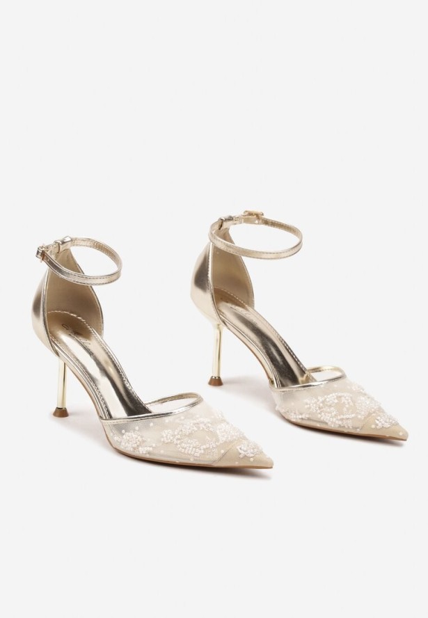 Złote Sandały z Transparentną Siateczką i Cekinami na Szpilce z Zapięciem wokół Kostki Olithwena