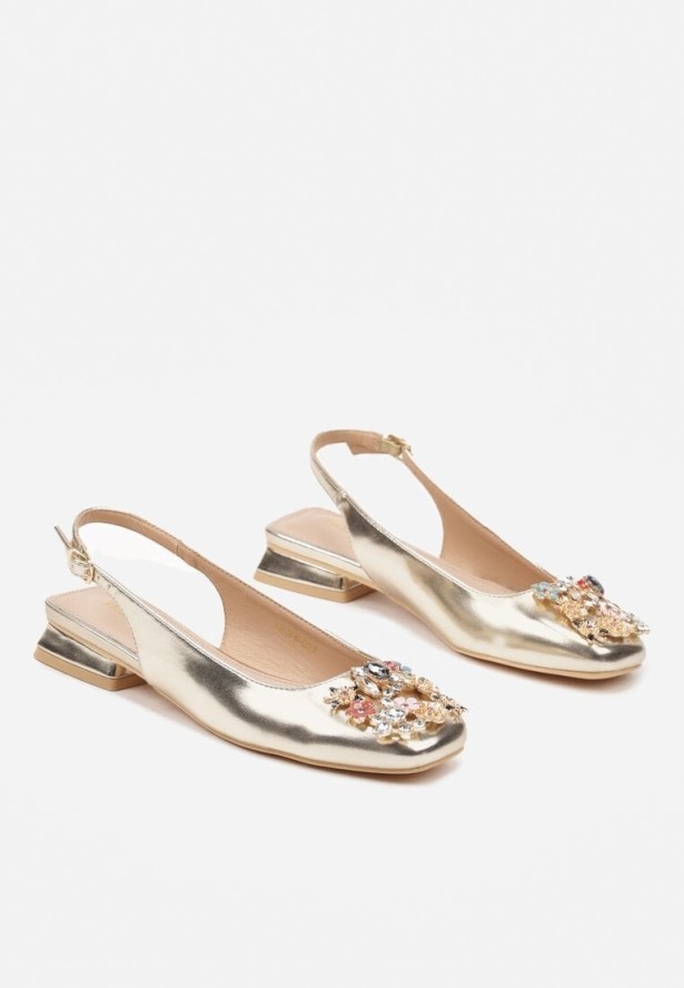 Złote Czółenka Slingback Vices z Cyrkoniami i Wkładką ze Skóry Eklina