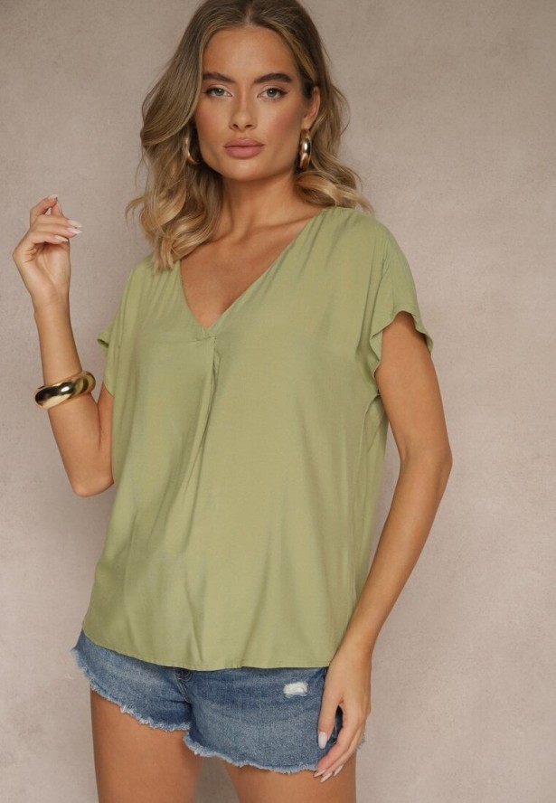 Zielona Bluzka z Wiskozy z Trójkątnym Dekoltem Tilimira