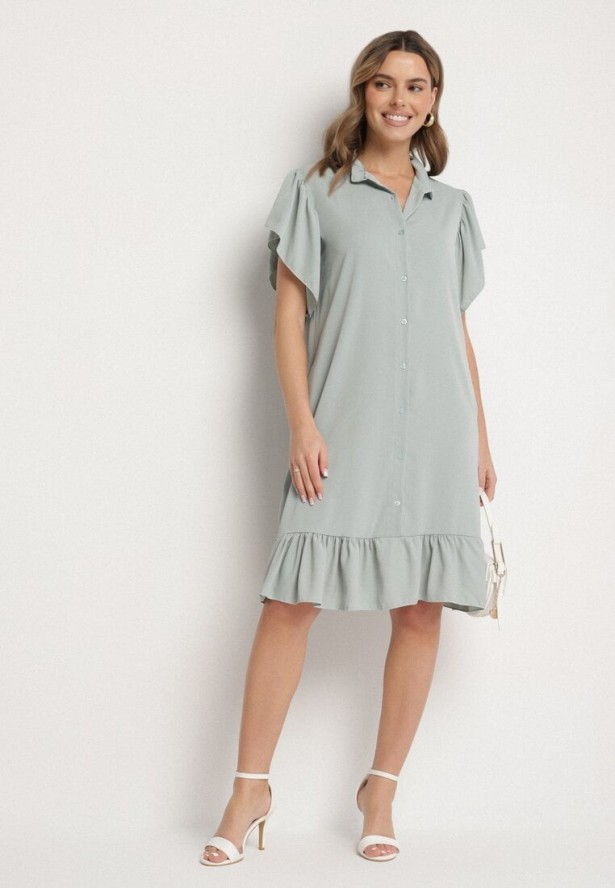 Jasnozielona Sukienka Koszulowa z Guzikami i Falbankami Tenalena