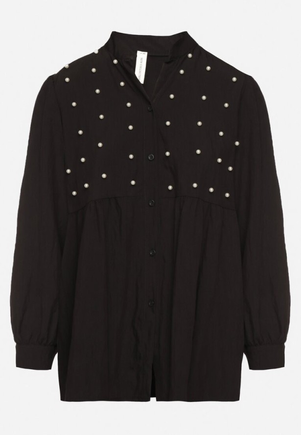 Czarna Koszula z Wiskozą Ozdobiona Perełkami Tanavitia