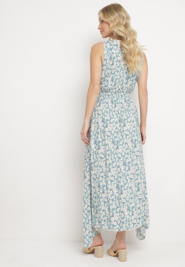 Miętowa Sukienka Letnia z Elastycznej Bawełny z Gumką w Talii w Kwiatki Rosastar