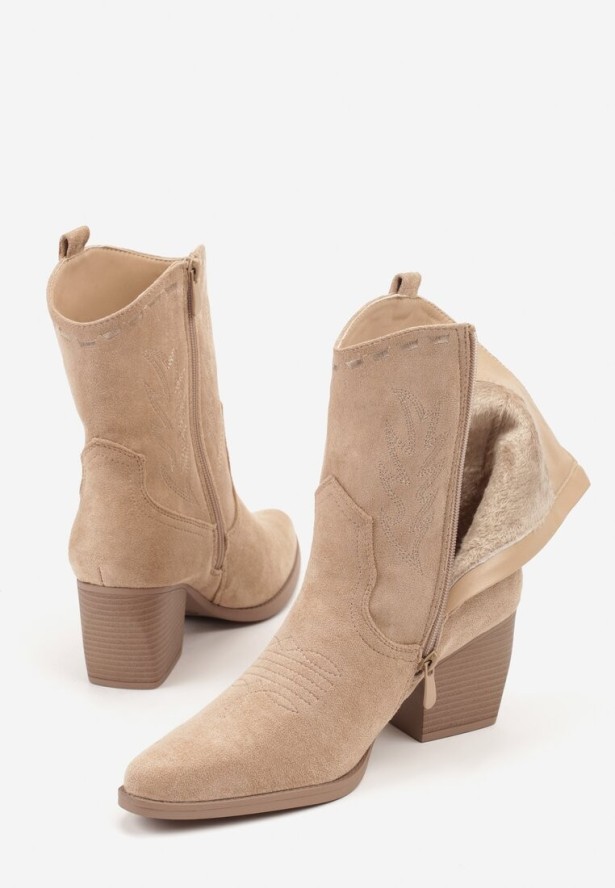 Ciemnobeżowe Botki Kowbojki na Stożku Ozdobione Haftem Falacine