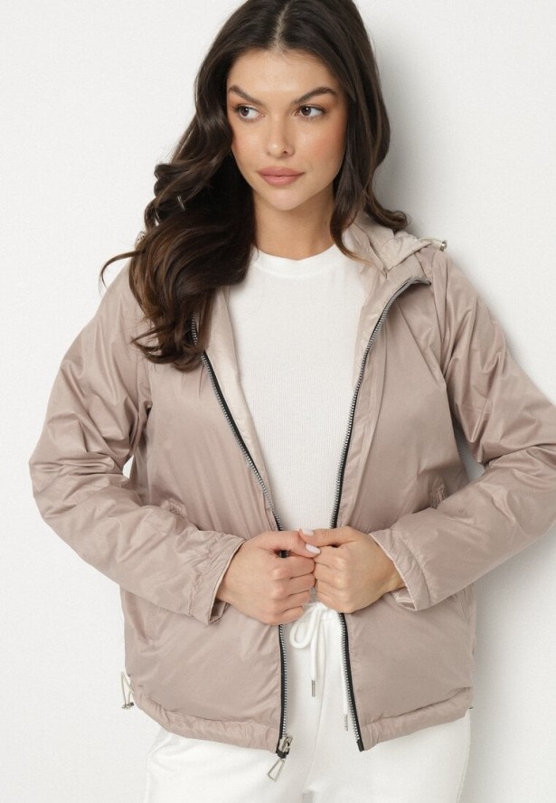 Beżowa Pikowana Kurtka o Dwustronnym Kroju z Odpinanym Kapturem Zeorina