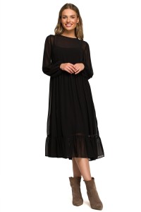 Sukienka wieczorowa szyfonowa rozkloszowana z falbanami czarna długa