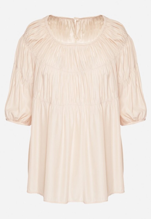 Jasnoróżowa Bluzka z Ozdobnymi Marszczeniami i Rękawami w Gumkę z Wiskozą Wenessa