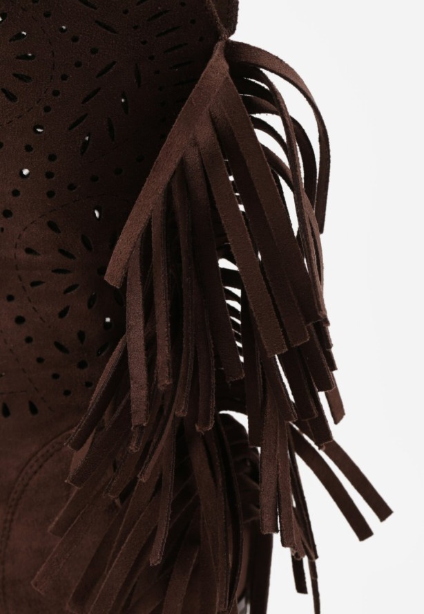 Ciemnobrązowe Ażurowe Botki Typu Kowbojki ze Skórzaną Wkładką Ozdobione Frędzlami Ceziva